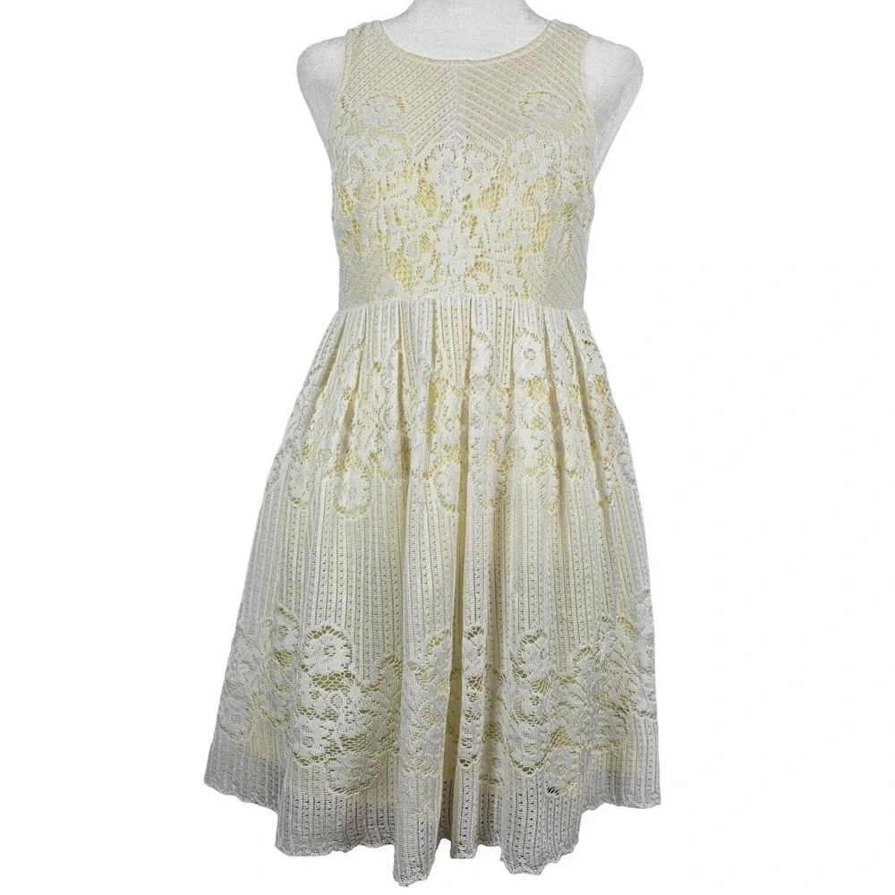 Free People Lace Fit & Flare Dress Women 2 Cream Yellow‎ Open Back Sleeveless